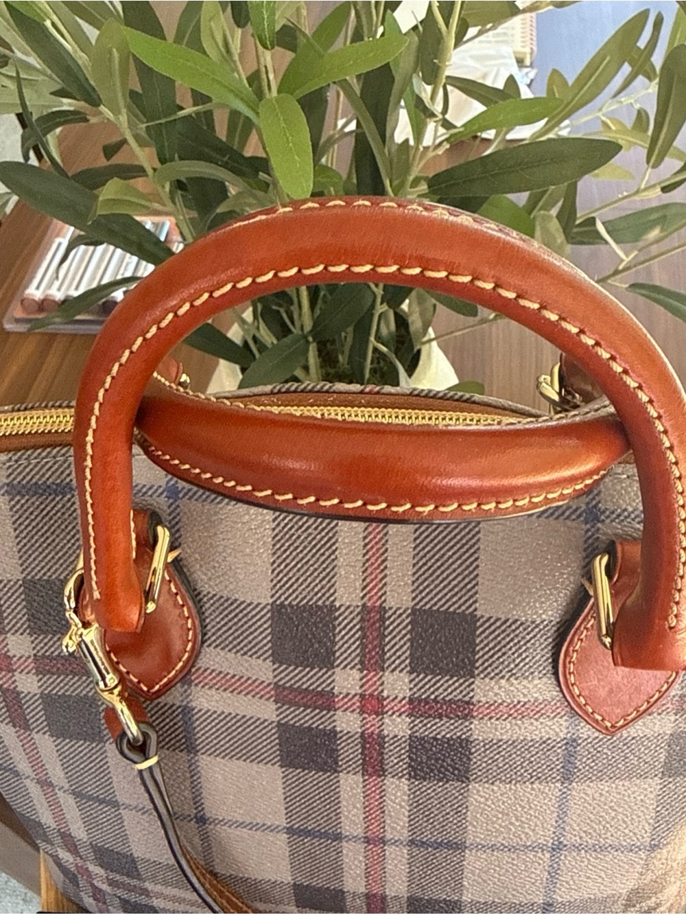 Dooney & Bourke Tiverton Gray Plaid Satchel with Brown Leather Trim. Dust bag. - Picture 7 of 14